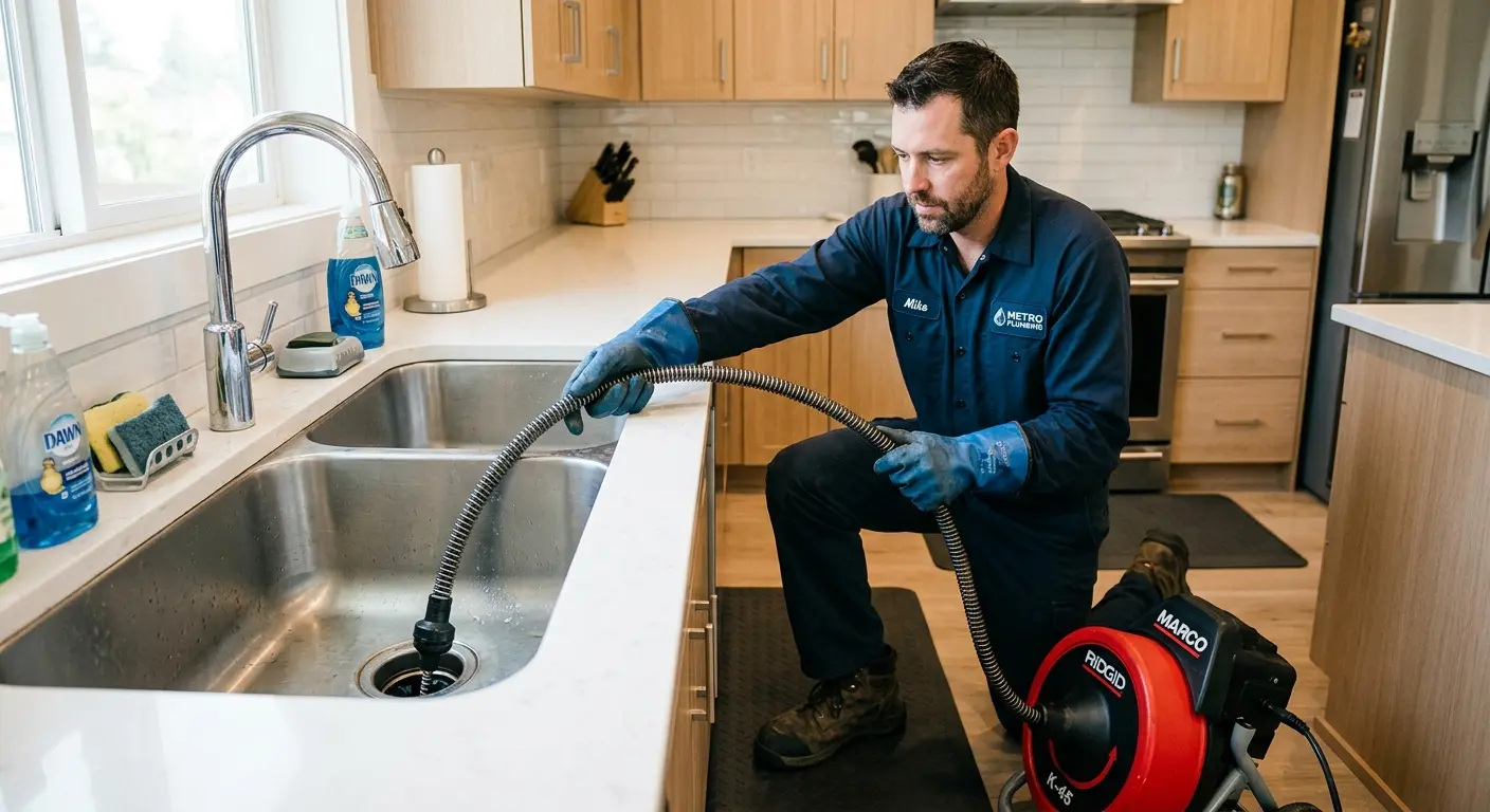 Drain cleaning technician using a motorized snake on a kitchen sink in White Bear Lake