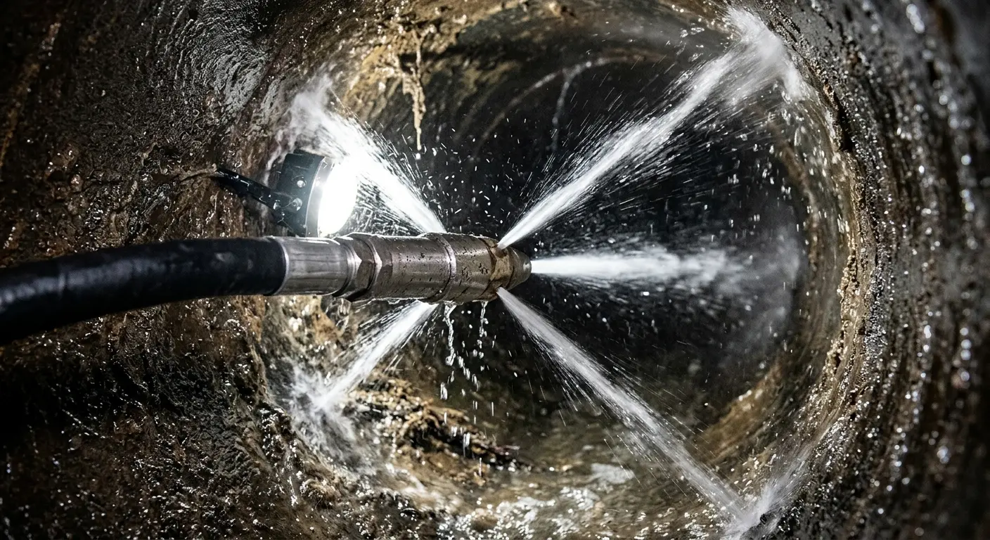 High-pressure hydro jetting nozzle cleaning sewer pipe for Trenchless Sewer Repair in White Bear Lake