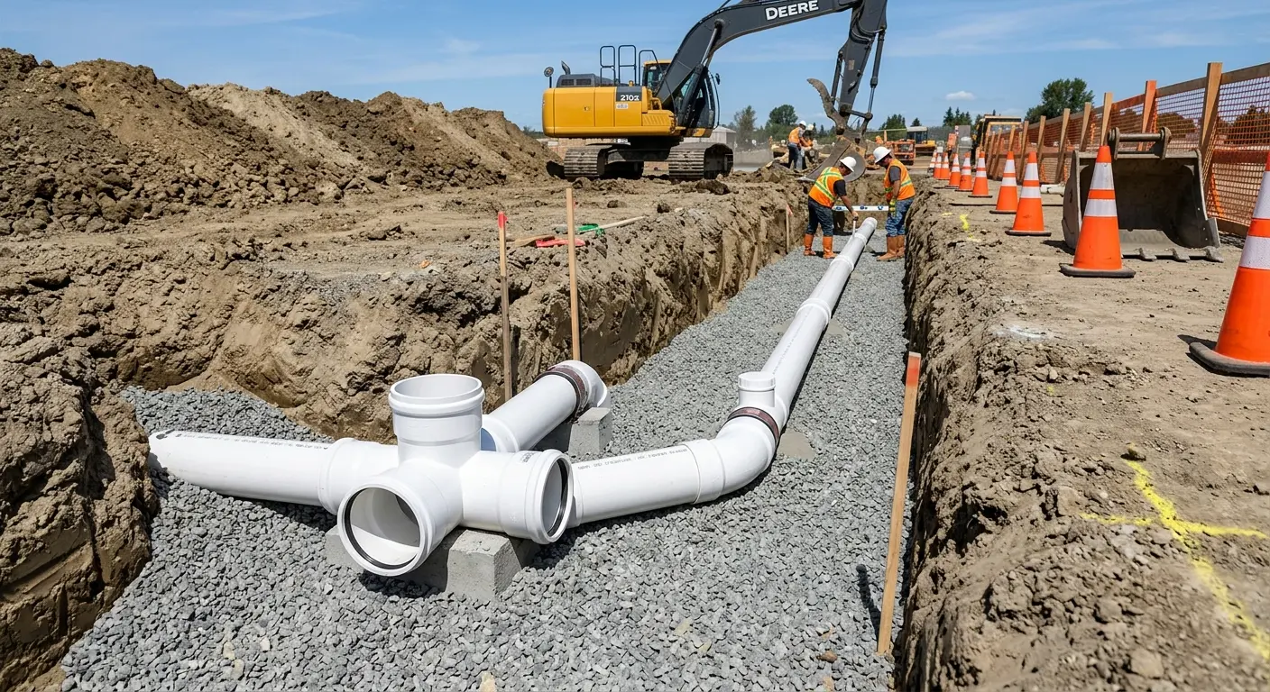 New PVC sewer pipe installation in open trench for Grease Trap Cleaning in White Bear Lake