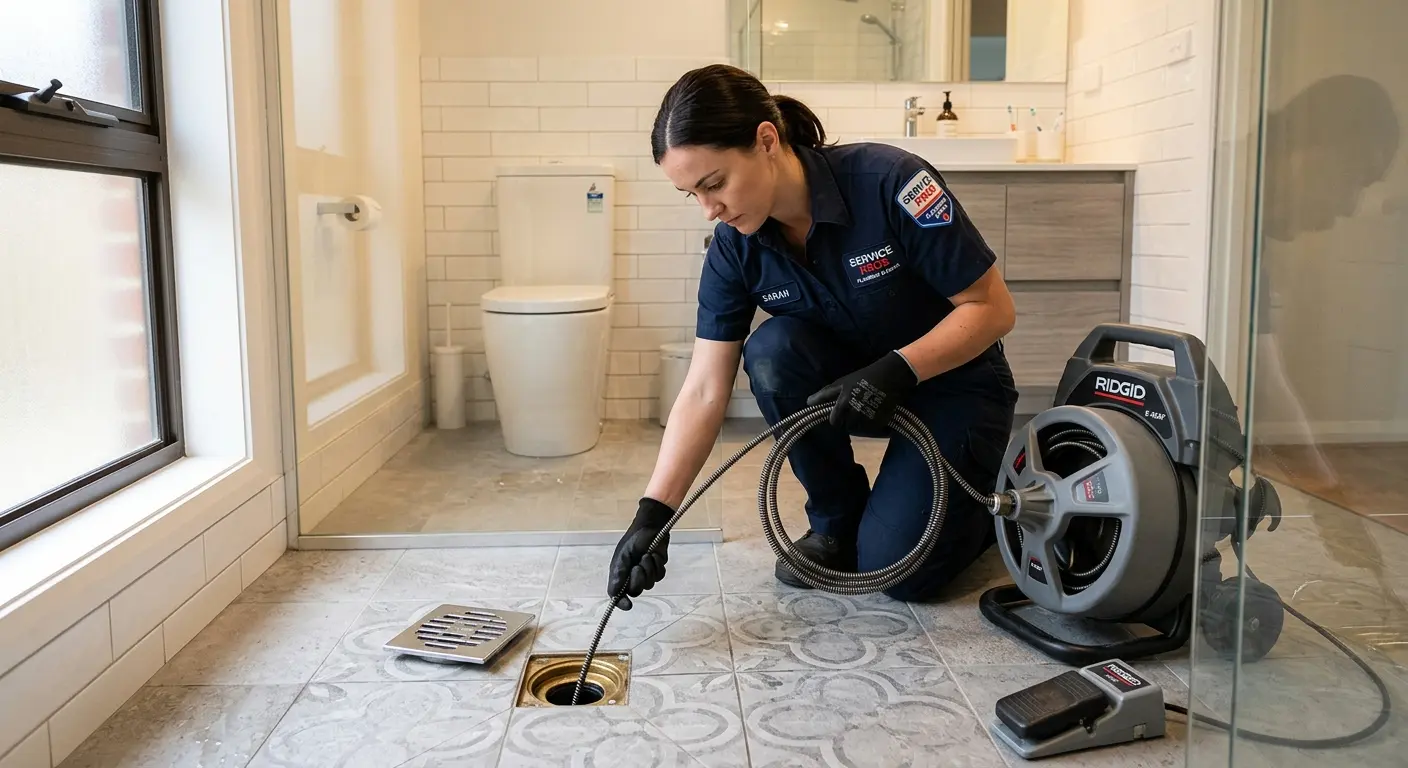 Technician clearing a bathroom floor drain for Drain Repair in White Bear Lake